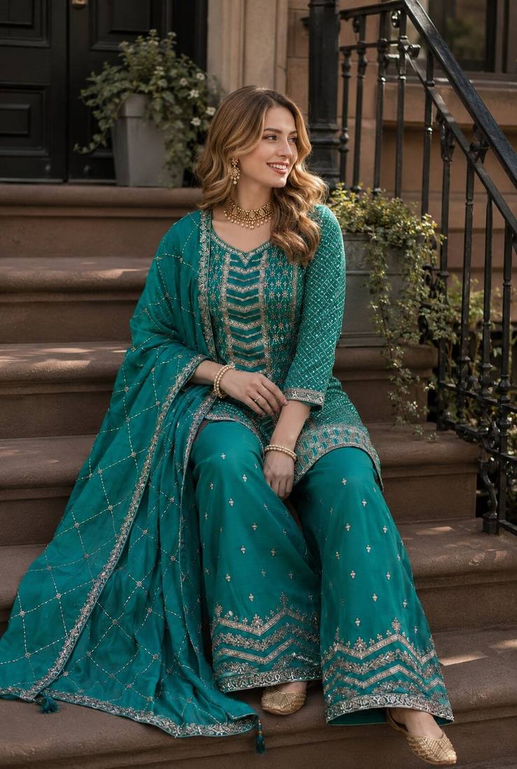 Emerald green heavy embroidered kurta palazzo set with dupatta