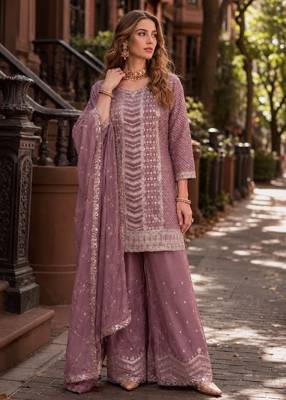 Dusty peach heavy embroidered kurta palazzo set with dupatta 1