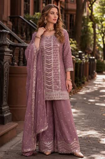 Dusty peach heavy embroidered kurta palazzo set with dupatta