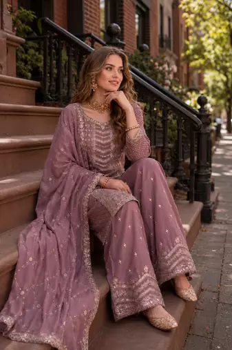 Dusty peach heavy embroidered kurta palazzo set with dupatta