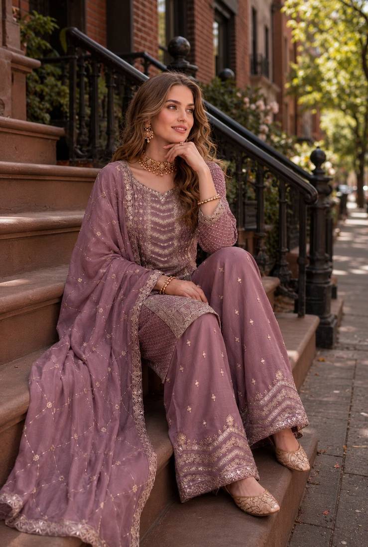 Dusty peach heavy embroidered kurta palazzo set with dupatta