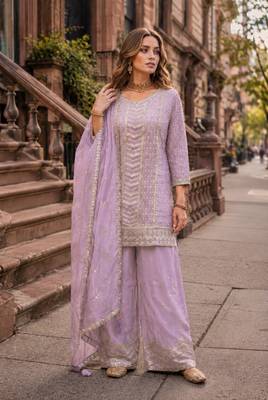 Lavender heavy embroidered kurta palazzo set with dupatta 1