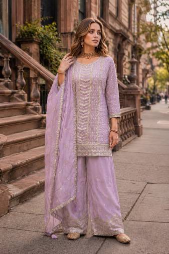 Lavender heavy embroidered  kurta palazzo set with dupatta