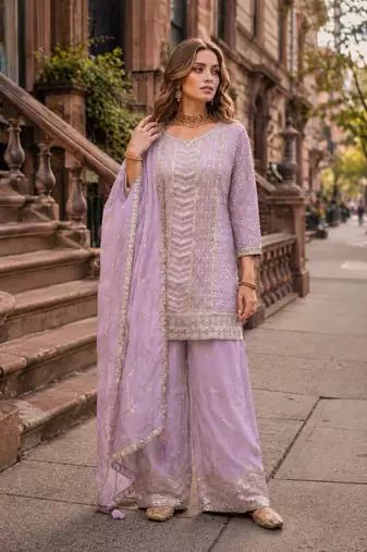 Lavender heavy embroidered kurta palazzo set with dupatta