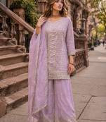 Lavender heavy embroidered kurta palazzo set with dupatta