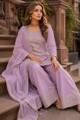 Lavender heavy embroidered kurta palazzo set with dupatta
