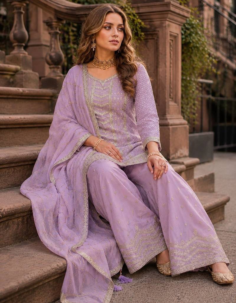 Lavender heavy embroidered kurta palazzo set with dupatta