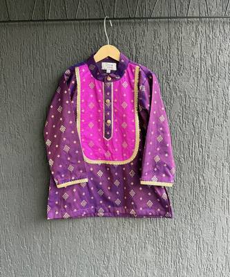 Deep royal purple embroidered cotton silk Boy's Kurta Pyjama 4
