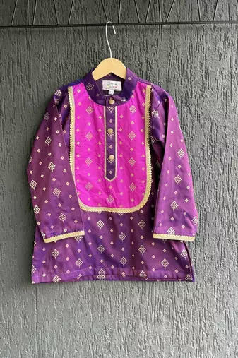 Deep royal purple embroidered cotton silk Boy's Kurta Pyjama