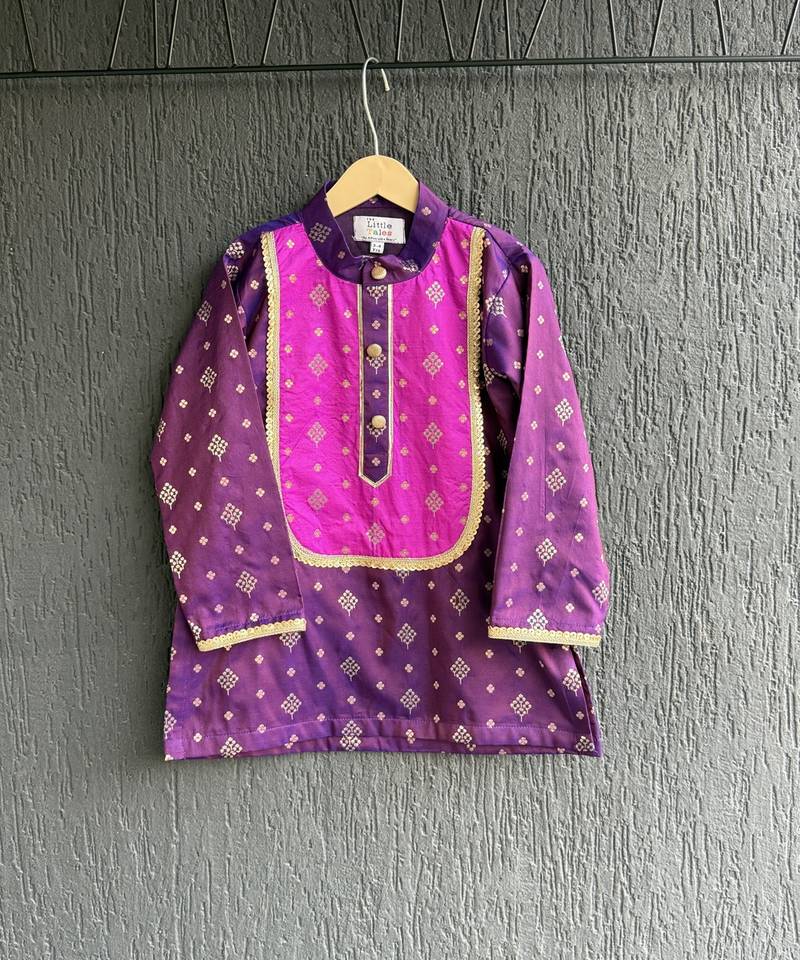 Deep royal purple embroidered cotton silk Boy's Kurta Pyjama