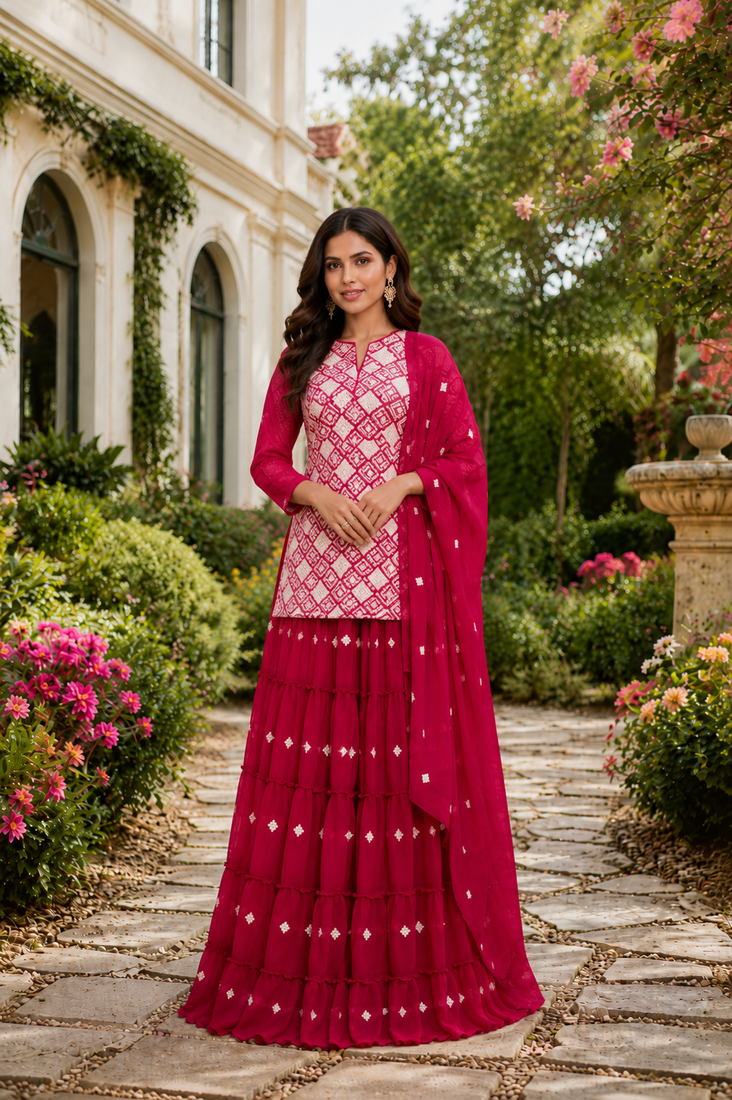 Rani Pink Elegant Printed Kurti With Vibrant Sharara And Dupatta Perfect For Festive And Wedding Wear.