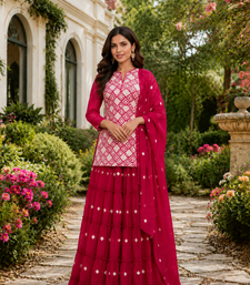 Rani Pink Elegant Printed Kurti With Vibrant Sharara And Dupatta Perfect For Festive And Wedding Wear.