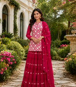 Rani Pink Elegant Printed Kurti With Vibrant Sharara And Dupatta Perfect For Festive And Wedding Wear.