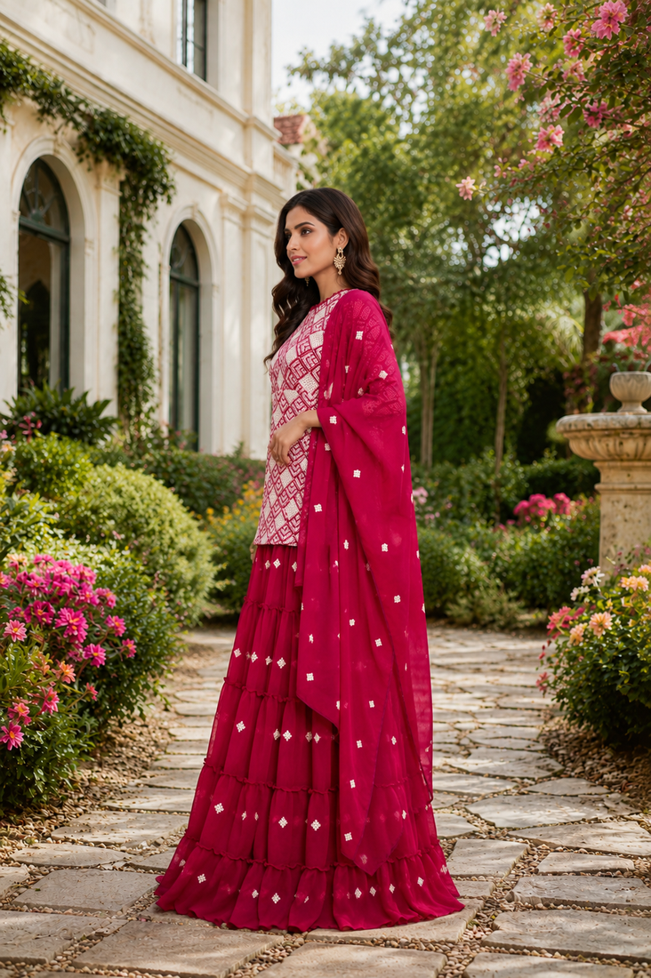 Rani Pink Elegant Printed Kurti With Vibrant Sharara And Dupatta Perfect For Festive And Wedding Wear.