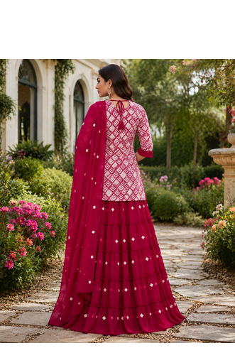 Rani Pink Elegant Printed Kurti With Vibrant Sharara And Dupatta Perfect For Festive And Wedding Wear. 3