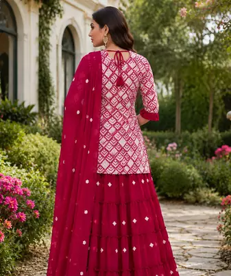 Rani Pink Elegant Printed Kurti With Vibrant Sharara And Dupatta Perfect For Festive And Wedding Wear.
