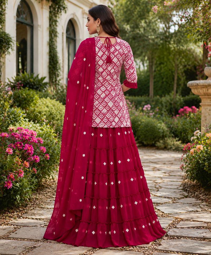 Rani Pink Elegant Printed Kurti With Vibrant Sharara And Dupatta Perfect For Festive And Wedding Wear.