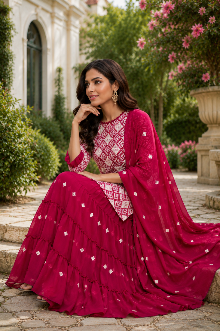 Rani Pink Elegant Printed Kurti With Vibrant Sharara And Dupatta Perfect For Festive And Wedding Wear.