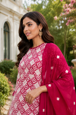 Rani Pink Elegant Printed Kurti With Vibrant Sharara And Dupatta Perfect For Festive And Wedding Wear. 5
