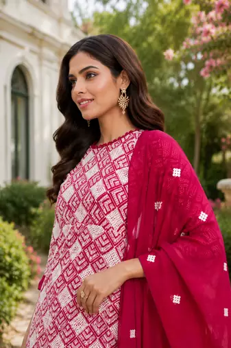Rani Pink Elegant Printed Kurti With Vibrant Sharara And Dupatta Perfect For Festive And Wedding Wear.