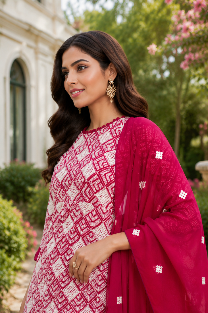 Rani Pink Elegant Printed Kurti With Vibrant Sharara And Dupatta Perfect For Festive And Wedding Wear.