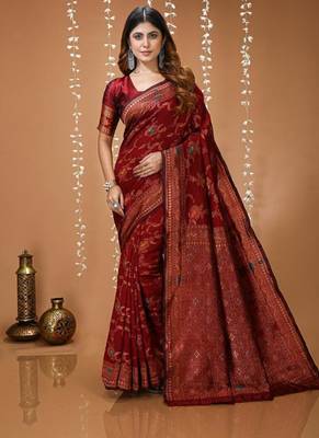 maroon silk blend zari saree with blouse 1
