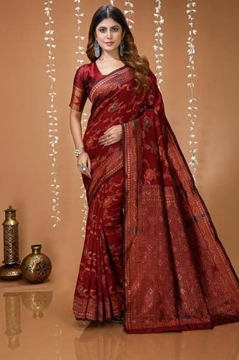 maroon silk blend zari saree with blouse