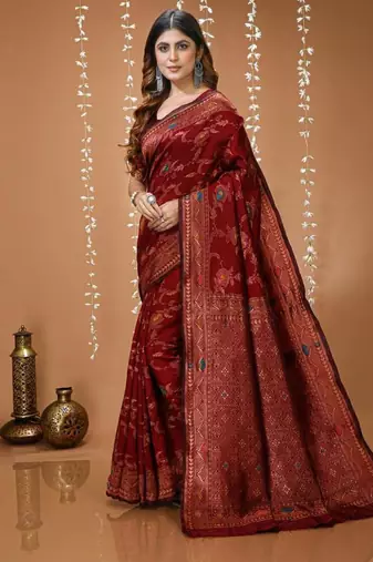 maroon silk blend zari saree with blouse