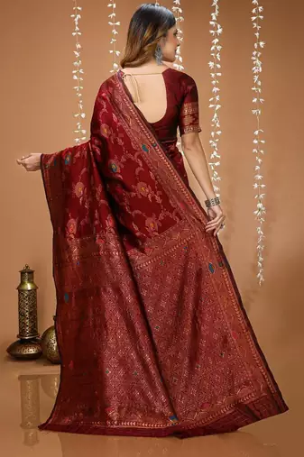 maroon silk blend zari saree with blouse