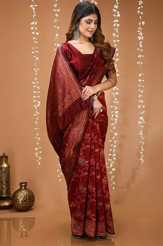 maroon silk blend zari saree with blouse