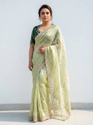 light green gold crush embroidered saree with blouse 1