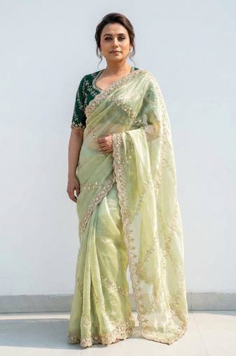 light green gold crush embroidered saree with blouse