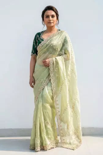 light green gold crush embroidered saree with blouse