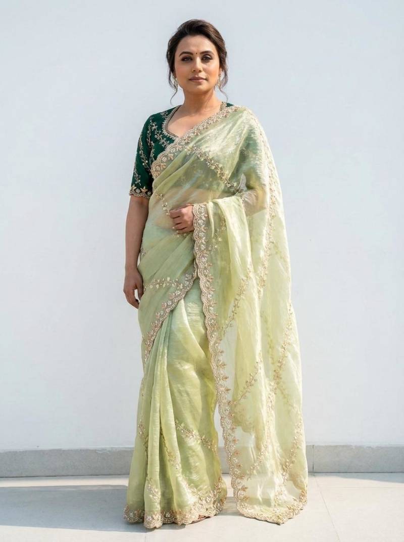 light green gold crush embroidered saree with blouse