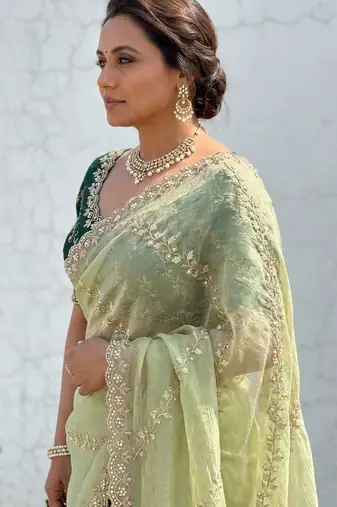 light green gold crush embroidered saree with blouse