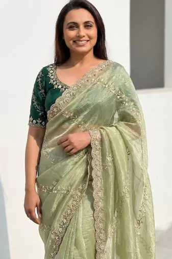 light green gold crush embroidered saree with blouse