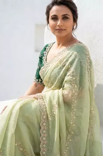 light green gold crush embroidered saree with blouse