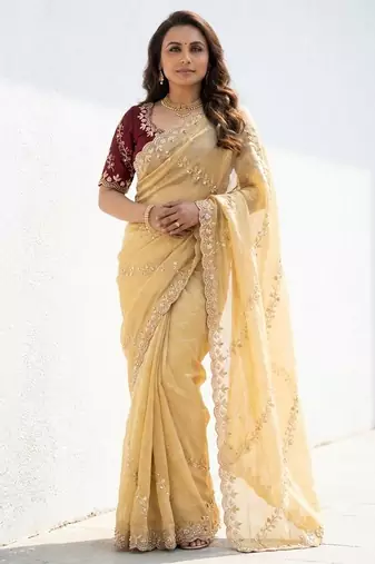 gold gold crush embroidered saree with blouse