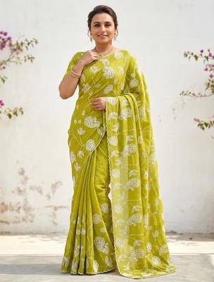 lemon gold crush embroidered saree with blouse 1