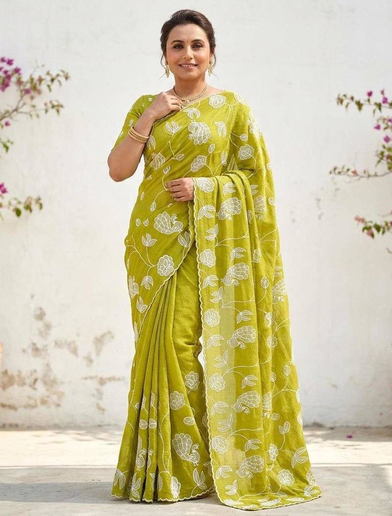 lemon gold crush embroidered saree with blouse