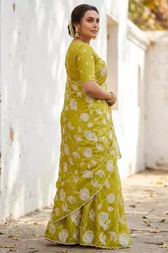 lemon gold crush embroidered saree with blouse