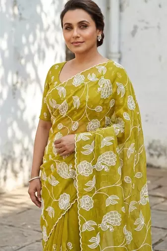 lemon gold crush embroidered saree with blouse