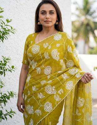 lemon gold crush embroidered saree with blouse 4