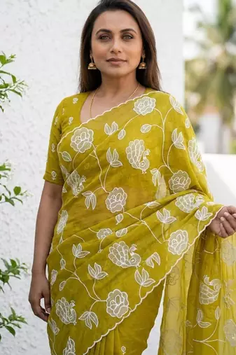 lemon gold crush embroidered saree with blouse
