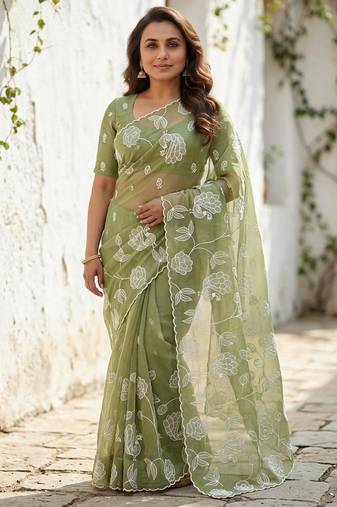 green gold crush embroidered saree with blouse