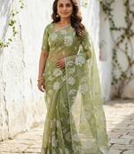 green gold crush embroidered saree with blouse
