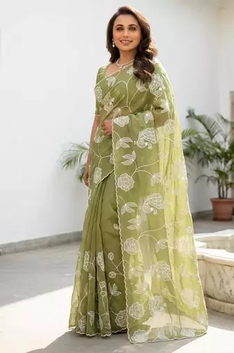 green gold crush embroidered saree with blouse