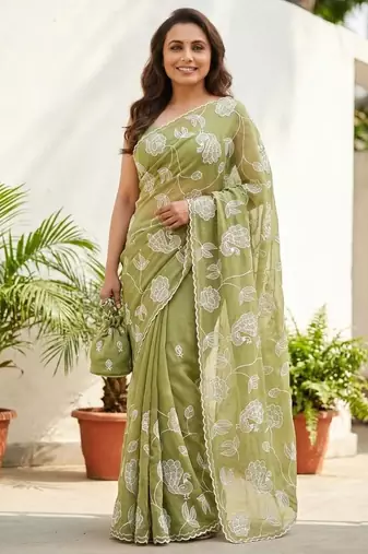 green gold crush embroidered saree with blouse