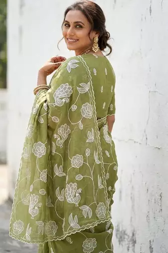 green gold crush embroidered saree with blouse