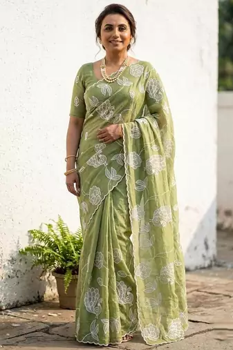 green gold crush embroidered saree with blouse